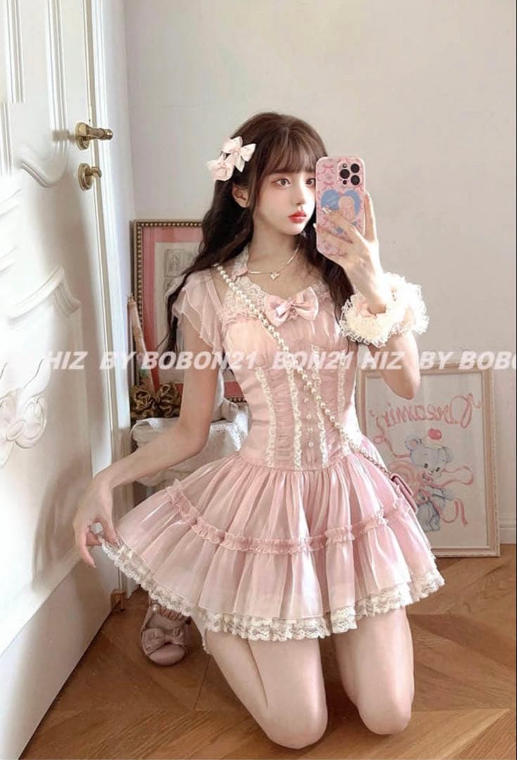 スクエア襟マーメイドワンピース ピンク ナチュラルワッシャーコットンマーメイドワンピース