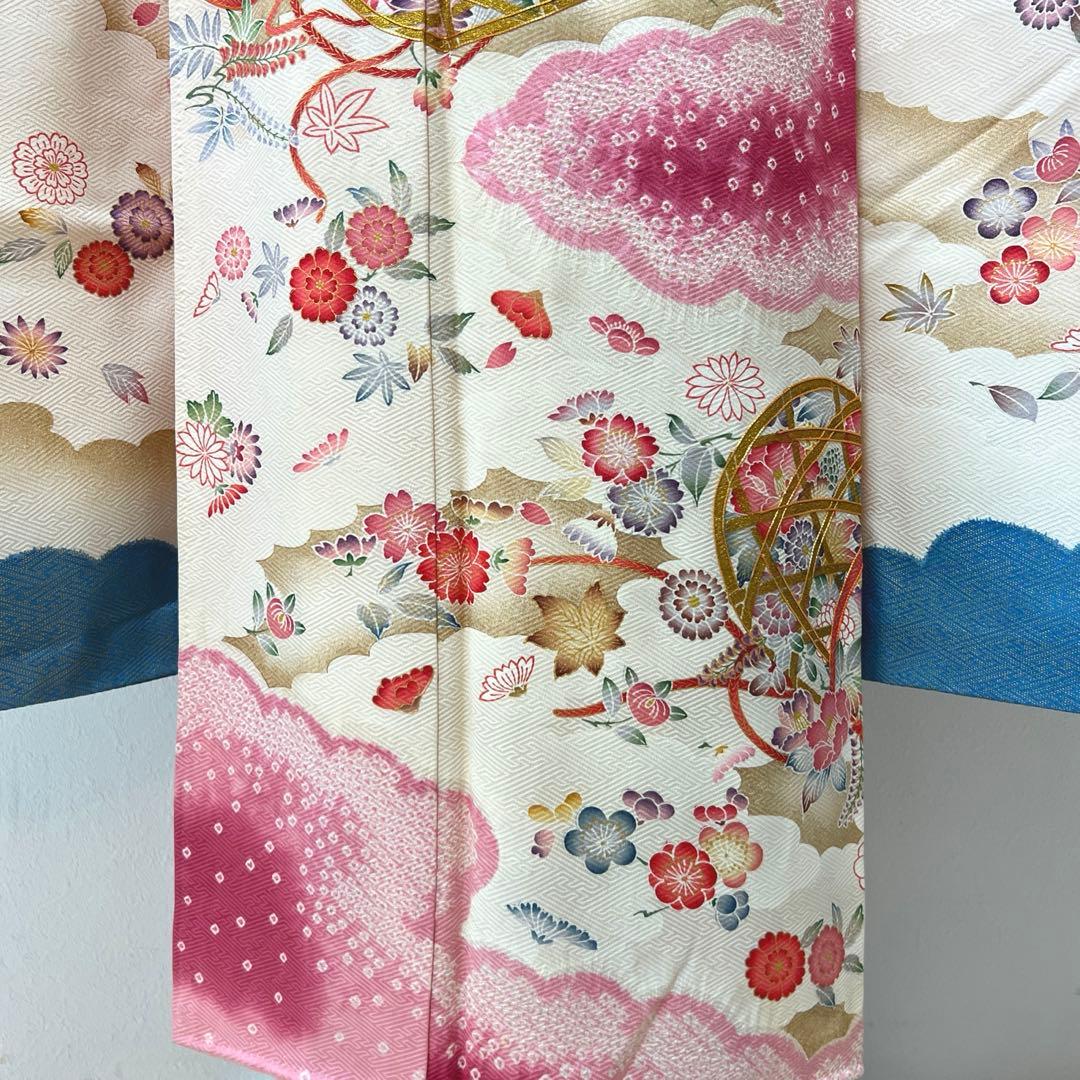 446 振袖フルセット 正絹 岩田専太郎 金彩 駒刺繍 絞り クリーム 青 紫