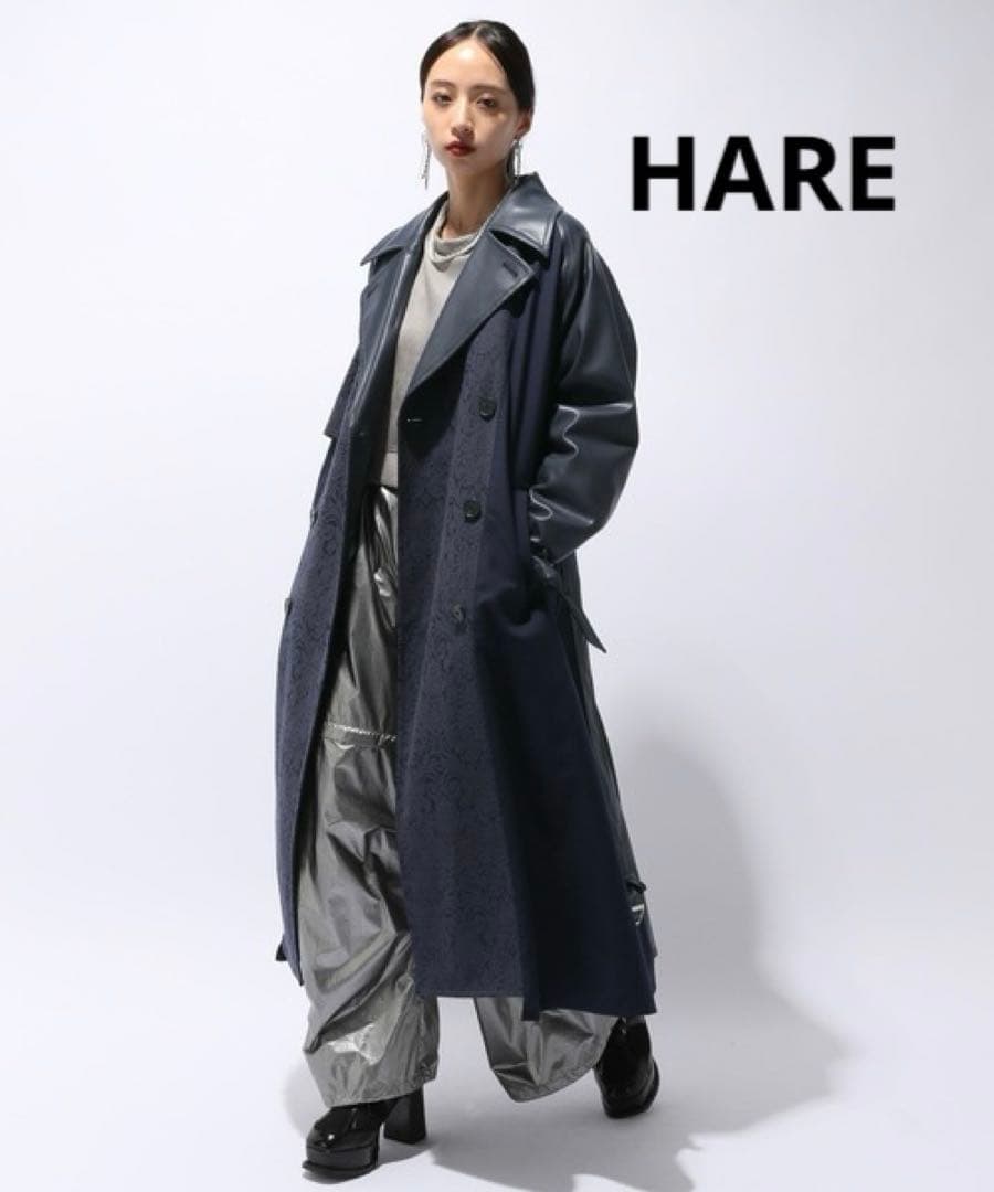 極美品 HARE フェイクレザーイソザイトレンチコート レース ネイビー