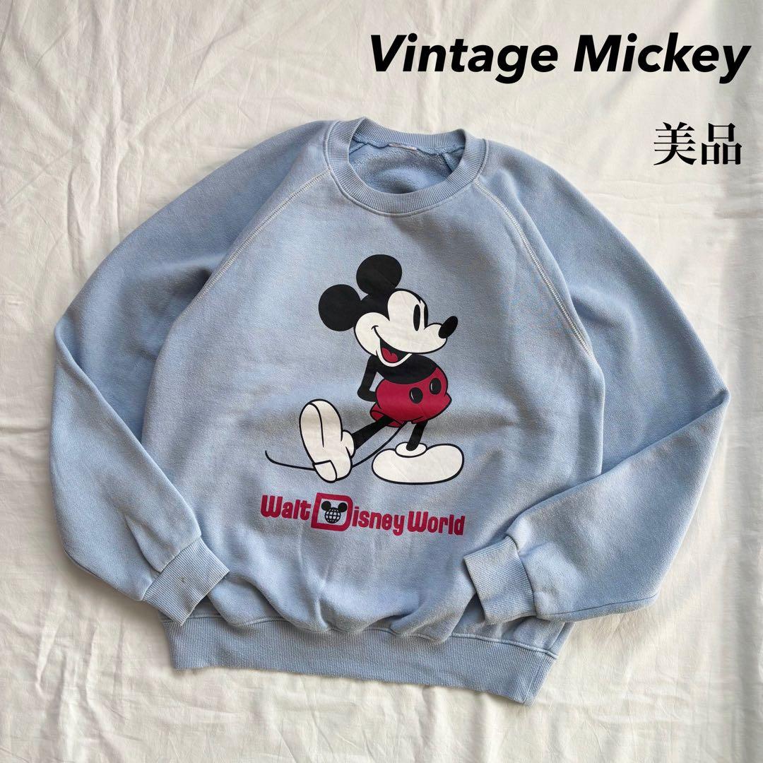 希少 大人気！ ヴィンテージ ミッキー 白足 スウェット 水色 Disney 白足ミッキーx水色ボディ 70's～80's オフィシャル ディズニー