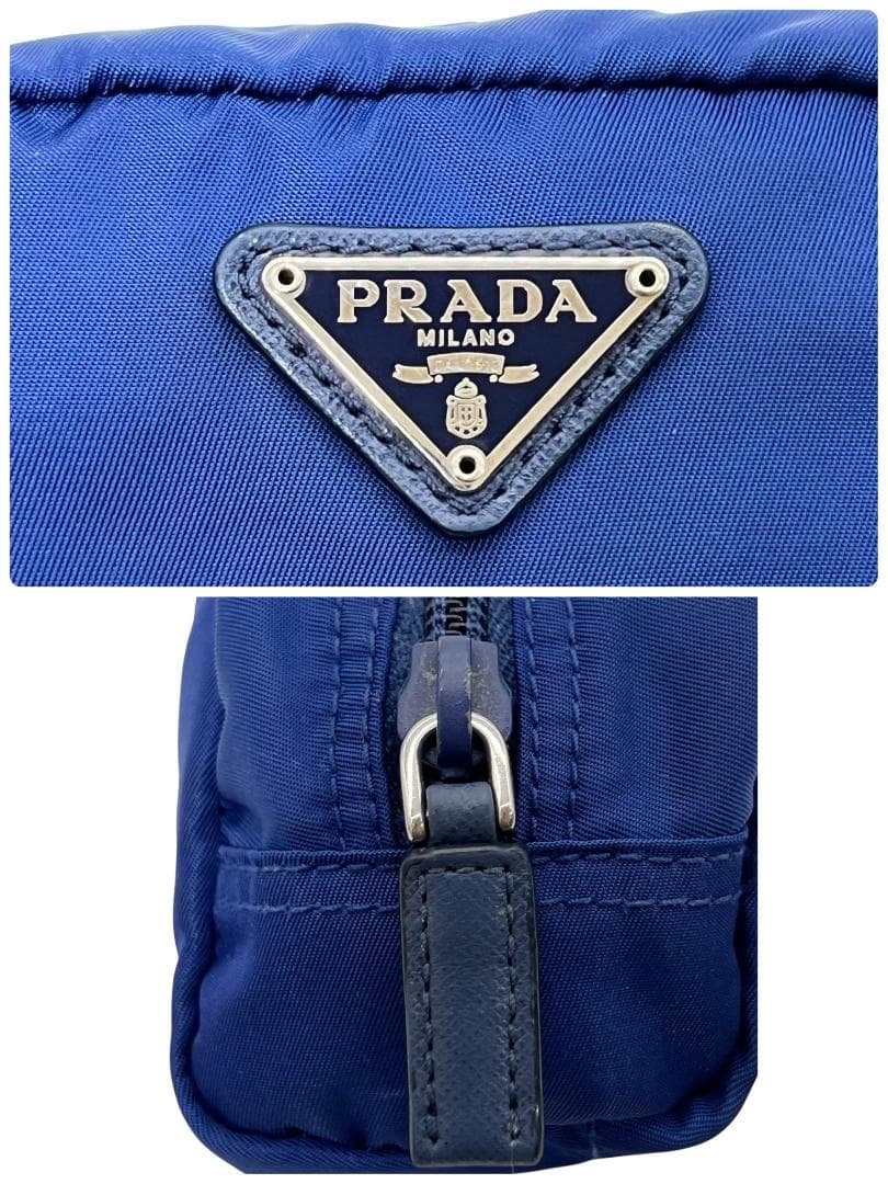 プラダ ポーチ ネイビー ナイロン サフィアーノレザー シルバー - メルカリ