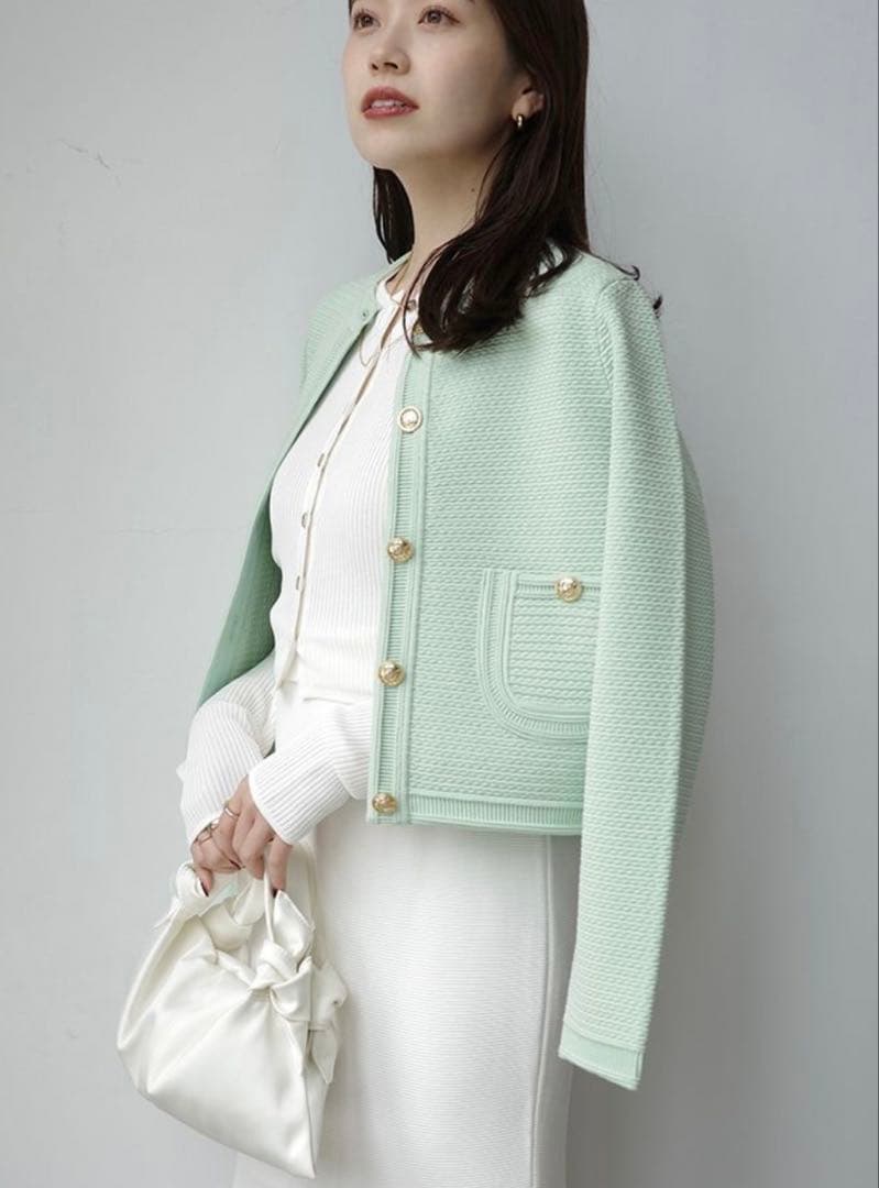 美品 anuans 新作 ノーカラーラーベンニットジャケット ミント - メルカリ