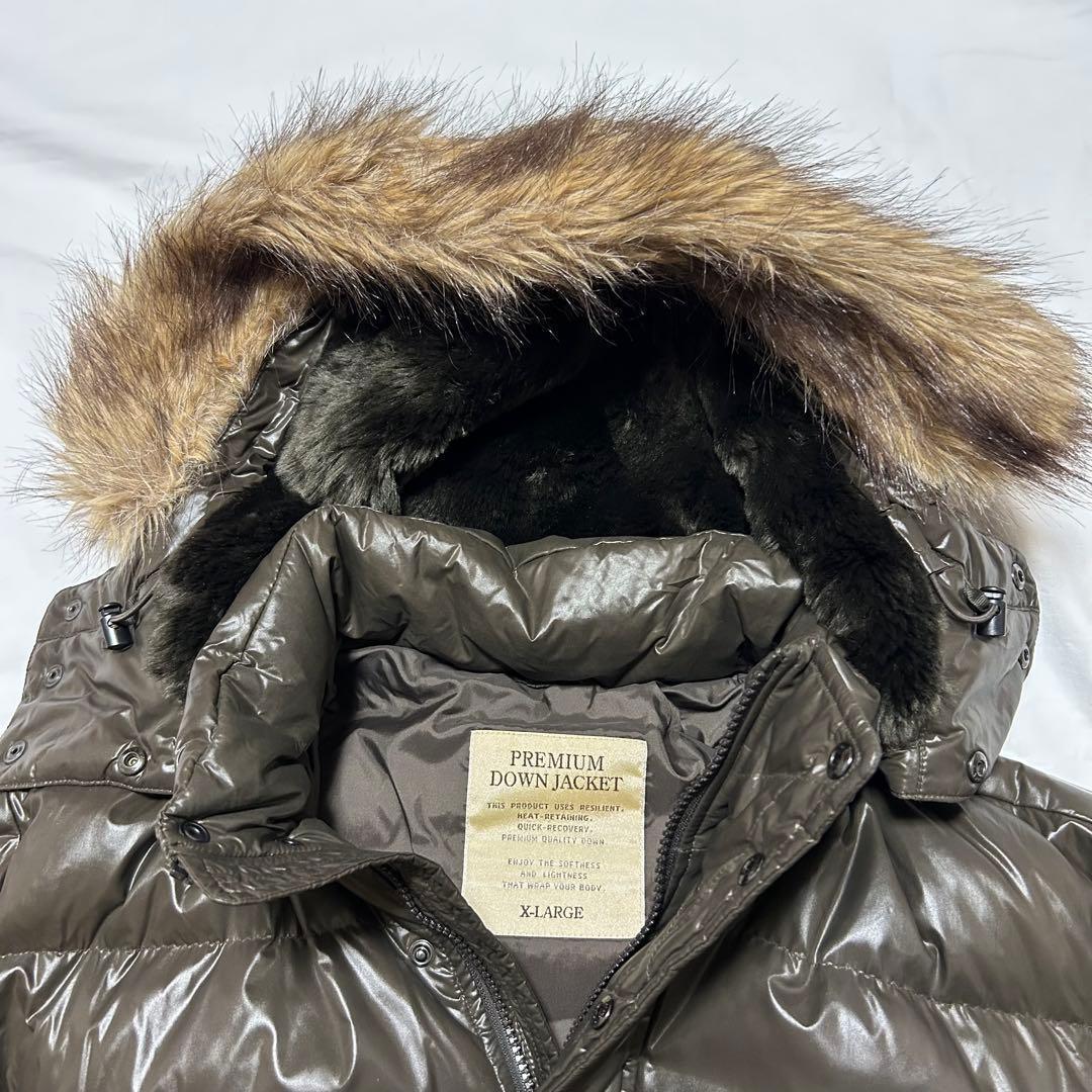 ユニクロ プレミアムダウンジャケット XL ブラウン ファー付 焦茶 美品