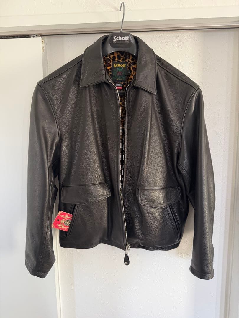 supreme Schott 黒 レザージャケット ヒョウ柄裏地 - メルカリ