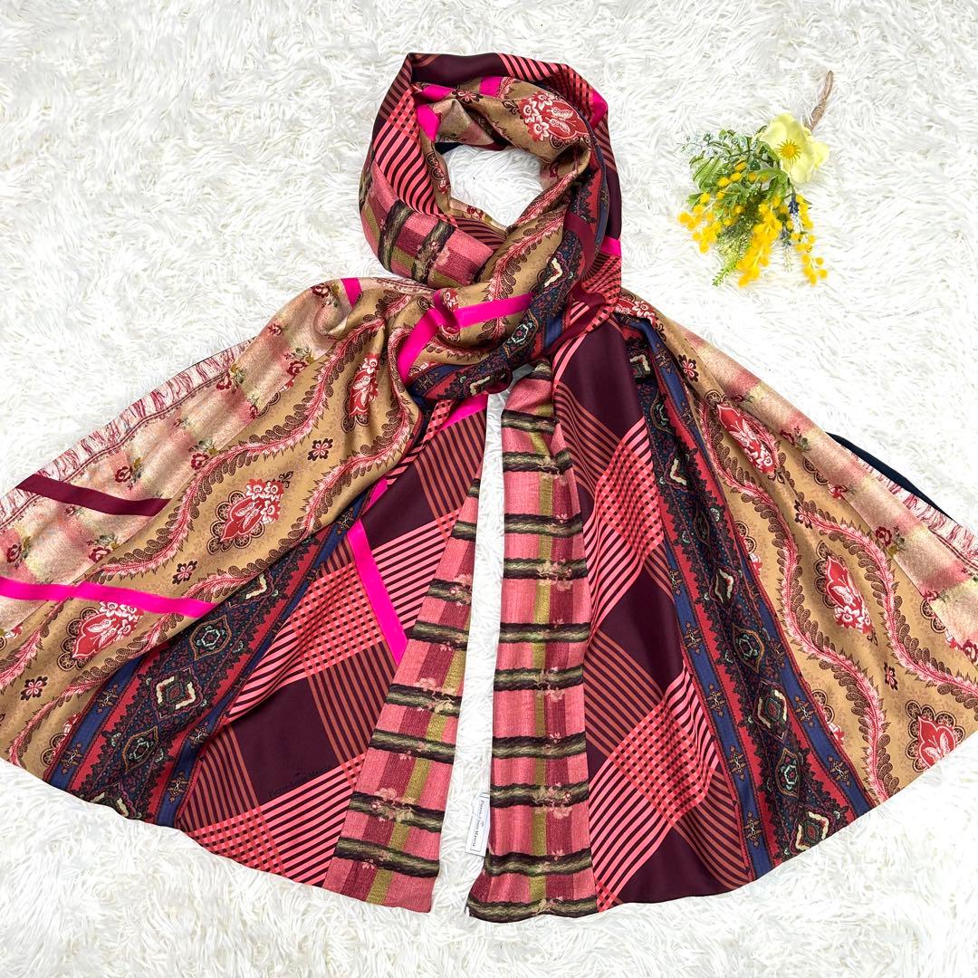 ピエールルイマシア 大判ストール 総柄 シルク100% カシミヤ