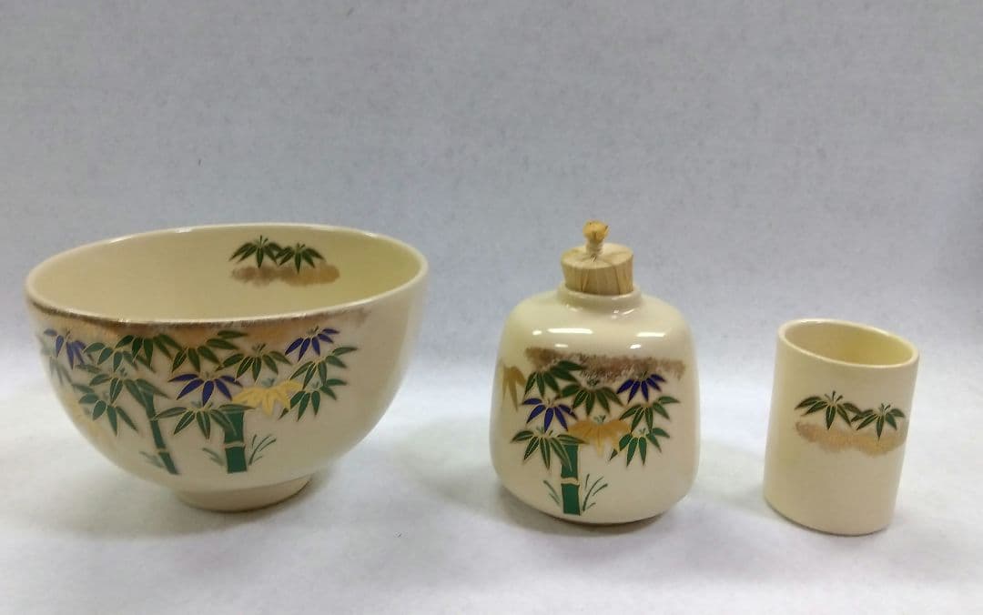茶道具 茶箱用 茶碗 茶巾筒 振出 三つ揃 仁清 色絵 青竹 栄山 新品