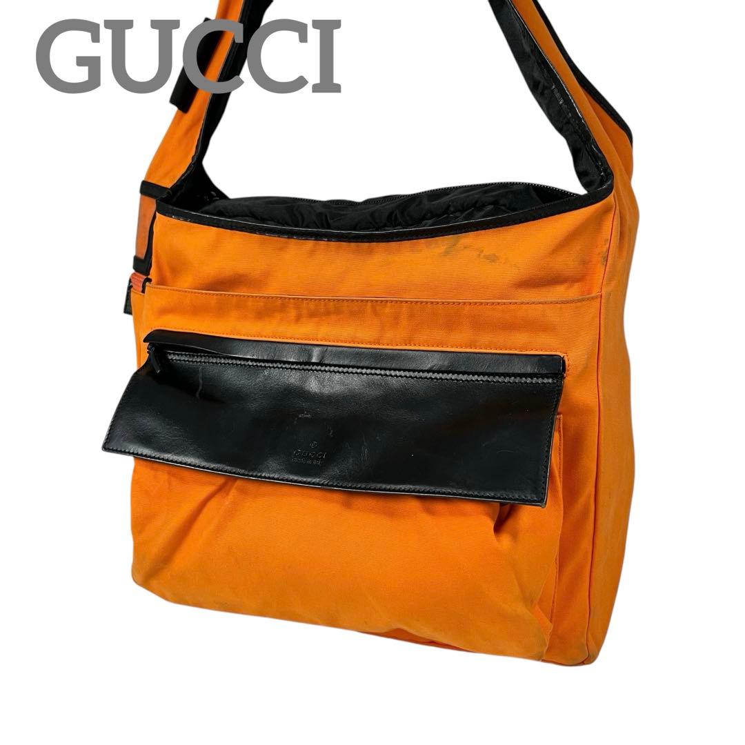 希少 GUCCI グッチ オレンジ ショルダーバッグ レザー 綿 ナイロン