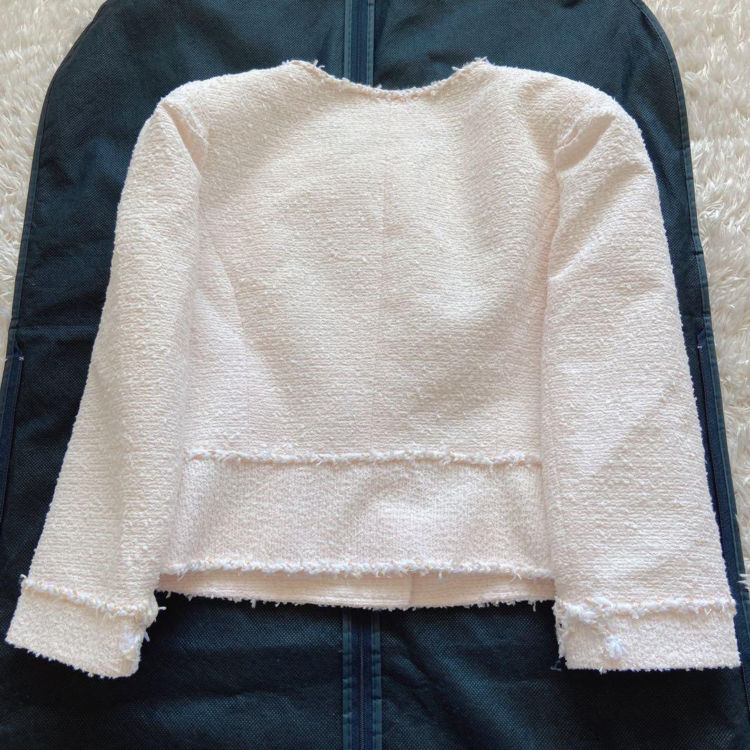 極美品 近年ルネ TISSUE ミックスツイードノーカラージャケット ピンク