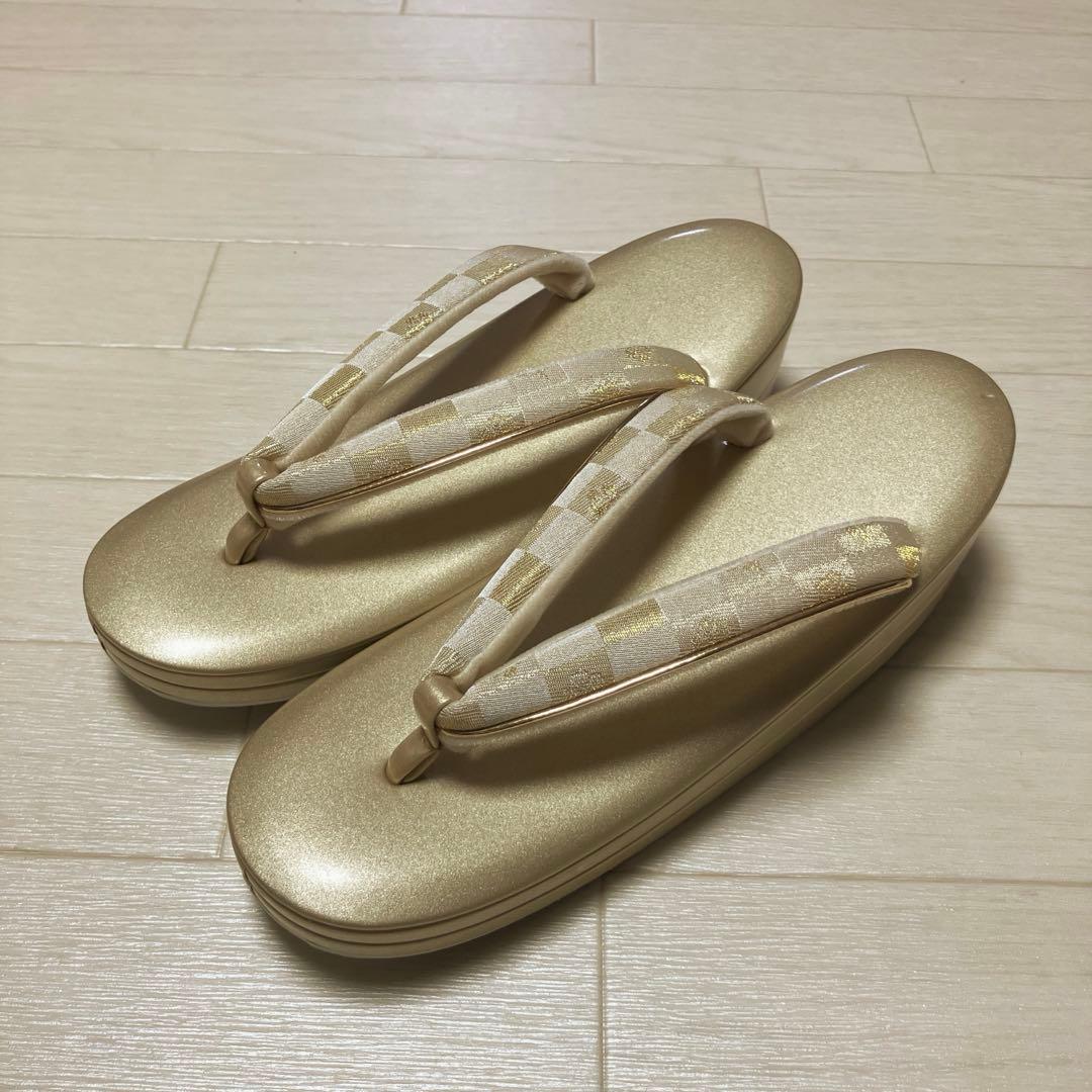 《未使用》草履バッグセット　市松模様　ゴールド
