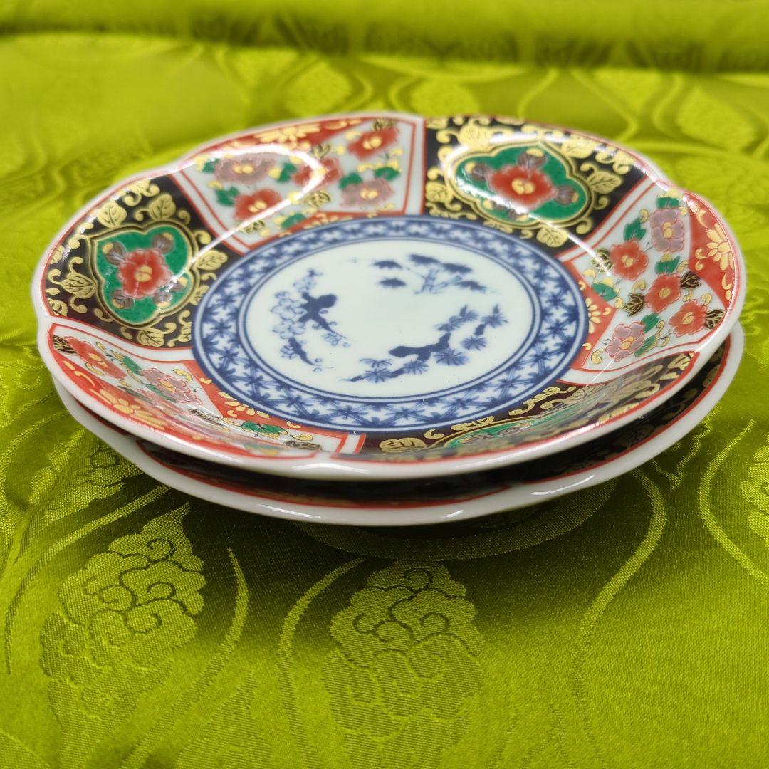 2枚セット 有田焼 古伊万里 色絵 輪花皿 金彩錦唐草 取分け皿 4寸花皿