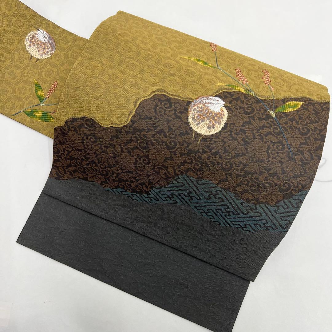 未使用　9寸名古屋帯 刺繍　うずら　吉祥文様 きちんと九寸！】 ≪お仕立て上がり・中古美品≫ 特選刺繍九寸名古屋帯