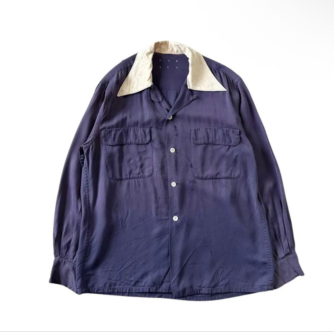 40s レーヨンギャバジンシャツ レーヨンシャツ 茄子紺 - メルカリ