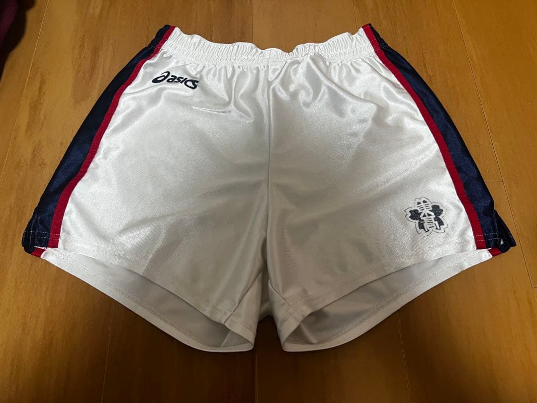 東山高校　バレー部　ゲームパンツ　アシックス　白×紺×赤　春高　全国　インカレ 東山高校バレー部旧ゲームパンツ asics バレーボールパンツ XO