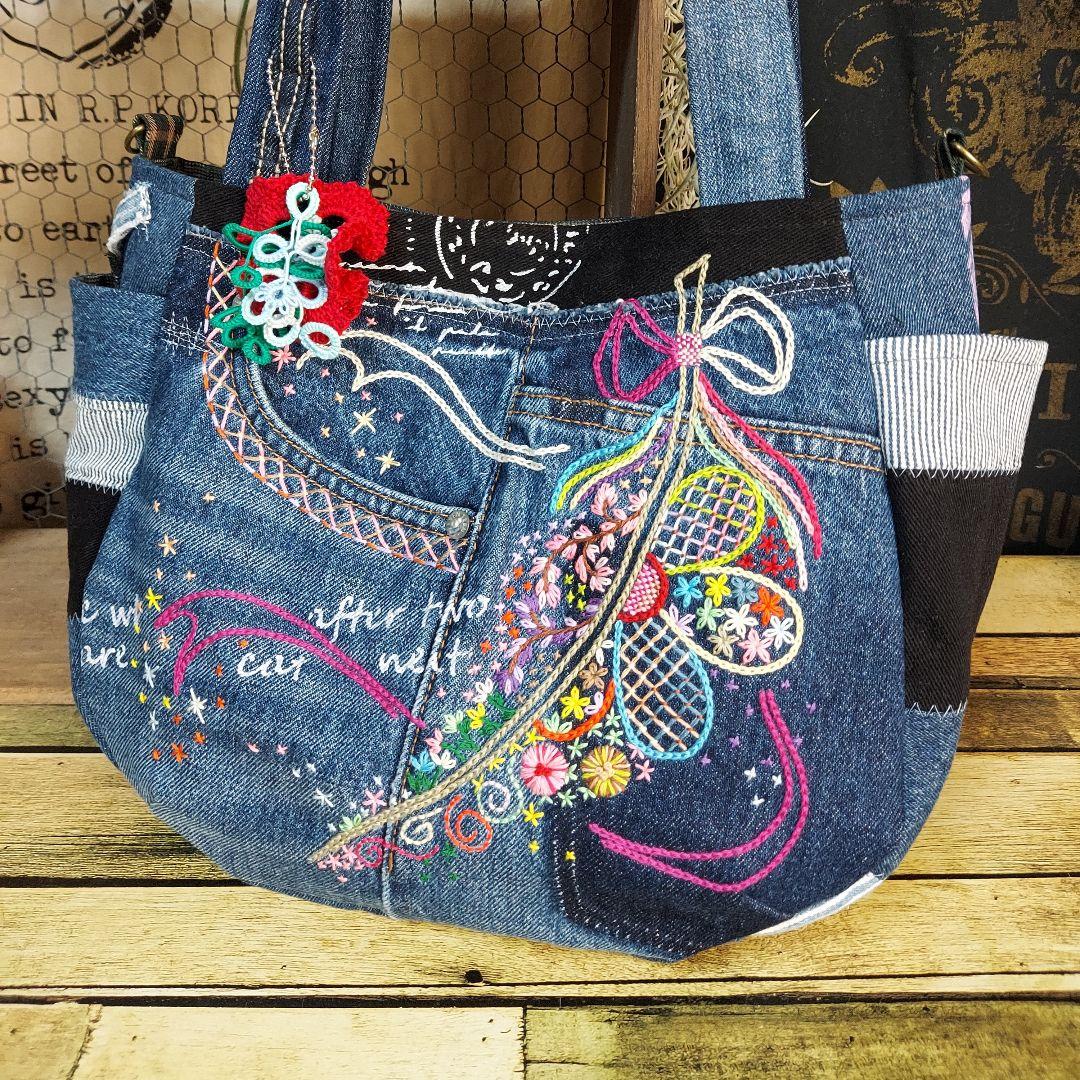 刺繍デニムバック　No.649　デニムリメイク　チューリップバック　丸いバック 刺繍デニムバック No.554 デニムリメイク ショルダーバッグ サイド