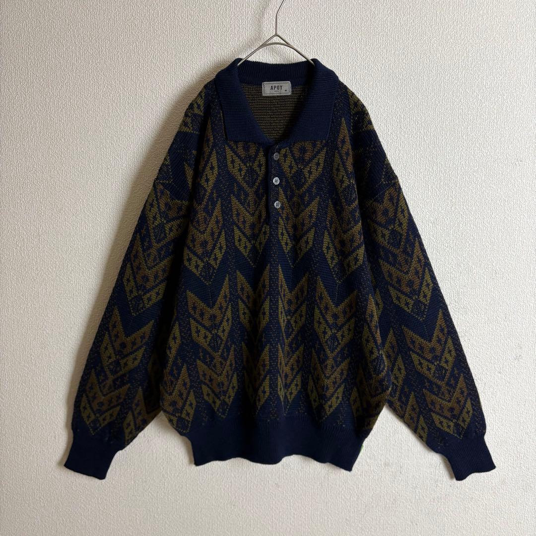 ポロニット 幾何学模様総柄 ハーフボタン 襟袖裾切替 太アーム ユニ