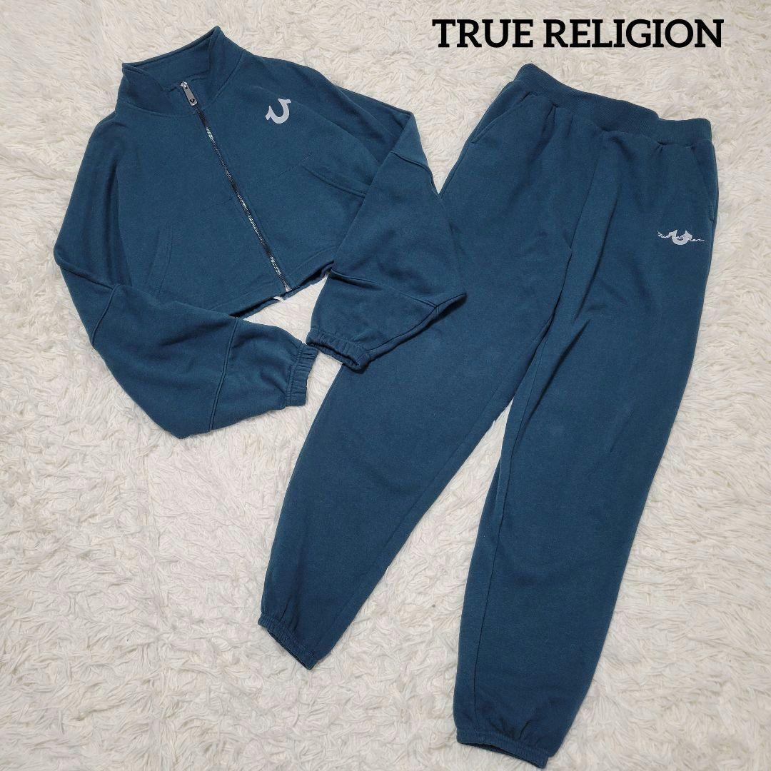 希少☆トゥルーレリジョン　セットアップ　ひ　バックロゴ　ショート丈　ジップアップ リボンラインジップブルゾン×ショートパンツニットセットアップ[lt51