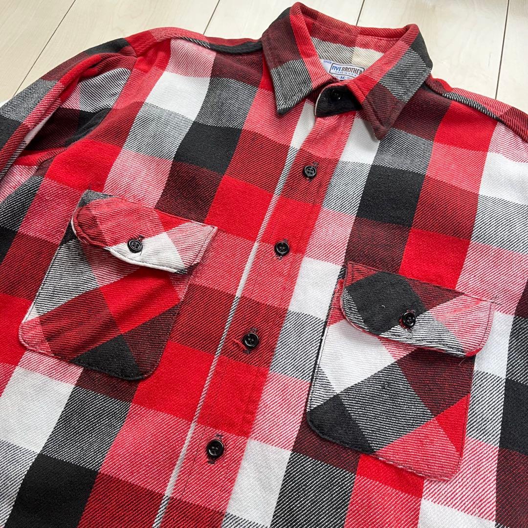 80s USA製 ファイブブラザー ブロックチェック ネルシャツ 赤黒白 M