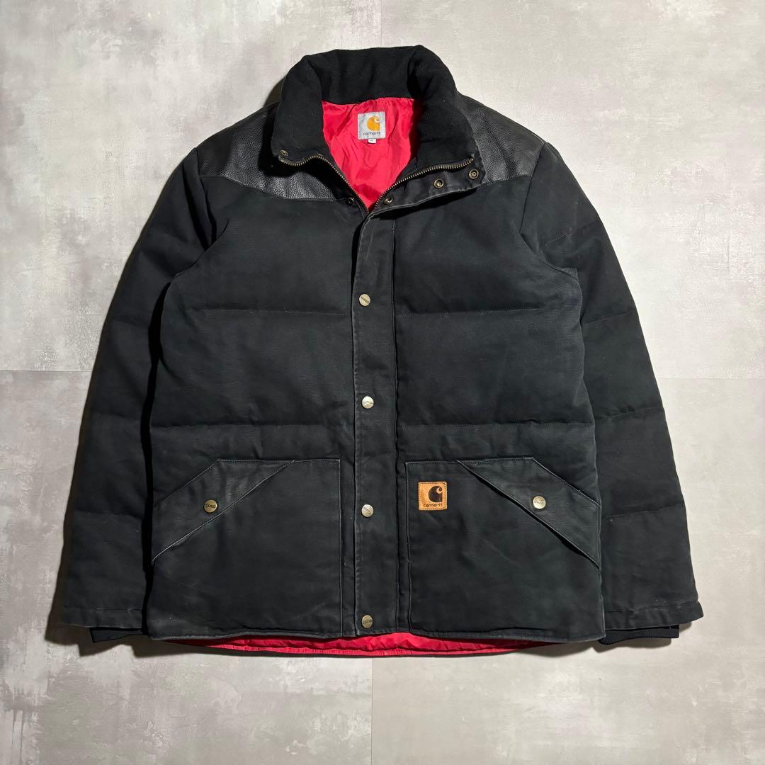 稀少 カーハート carhartt ダウンジャケット ダック レザー 本革 黒