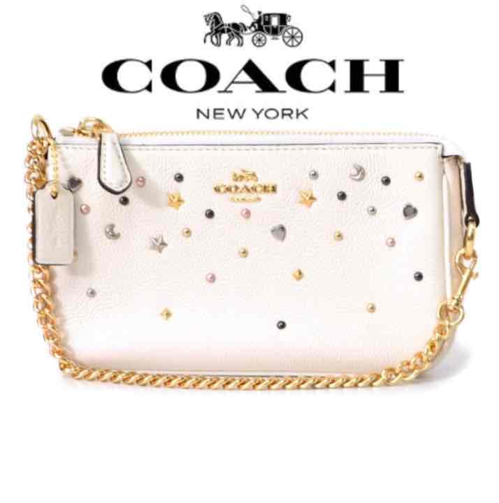 超美品コーチラージリストレットスターダストスタッズショルダーバッグオフホワイト白 COACH】コーチ スムースカーフレザー スターダスト クリスタル