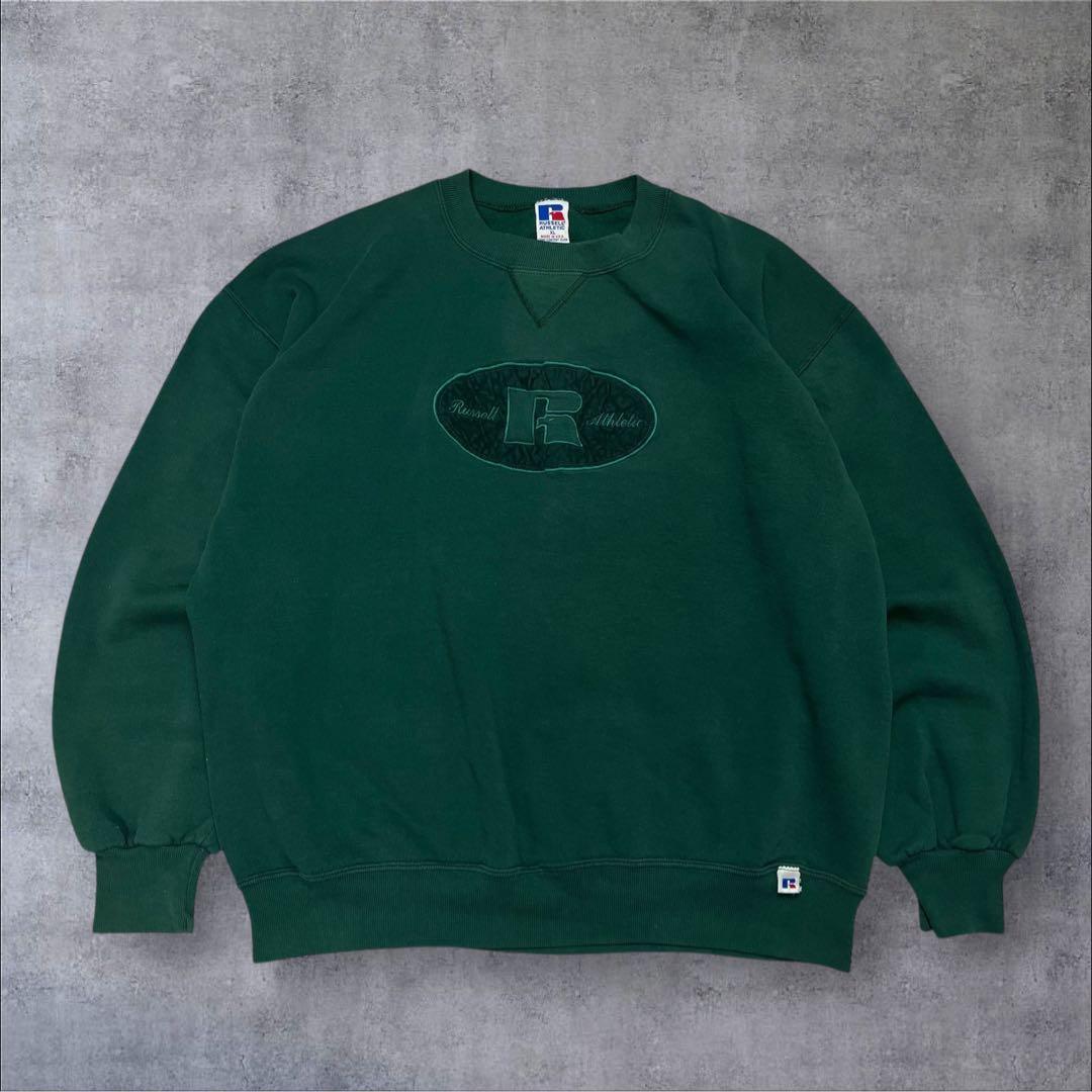 90s USA製 ラッセルアスレティック スウェット グリーン 刺繍 前V