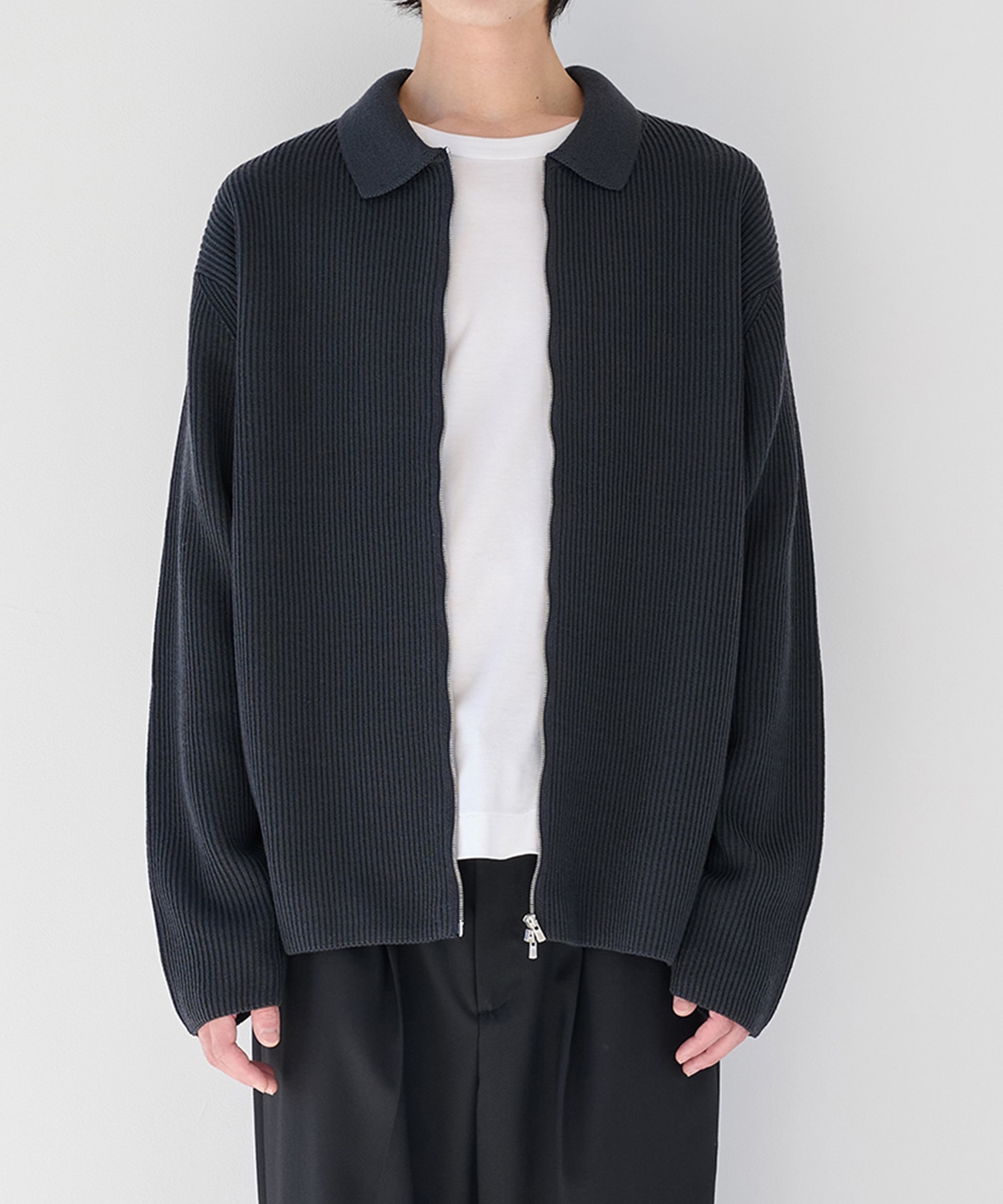 BATONER | SOLID WOOL RIB POLO ZIP UP CARDIGAN
