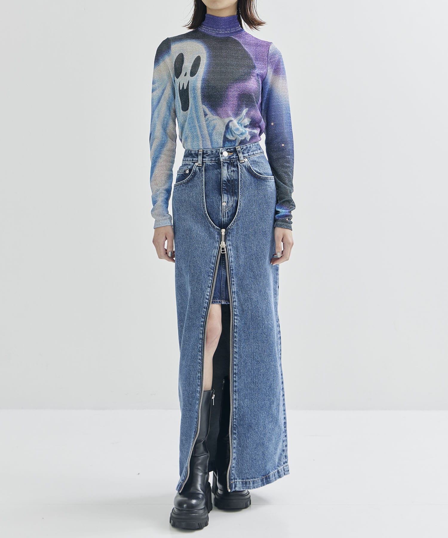 WASHED DENIM ZIPPED LONG SKIRT(M BLUE): JOHN LAWRENCE SULLIVAN