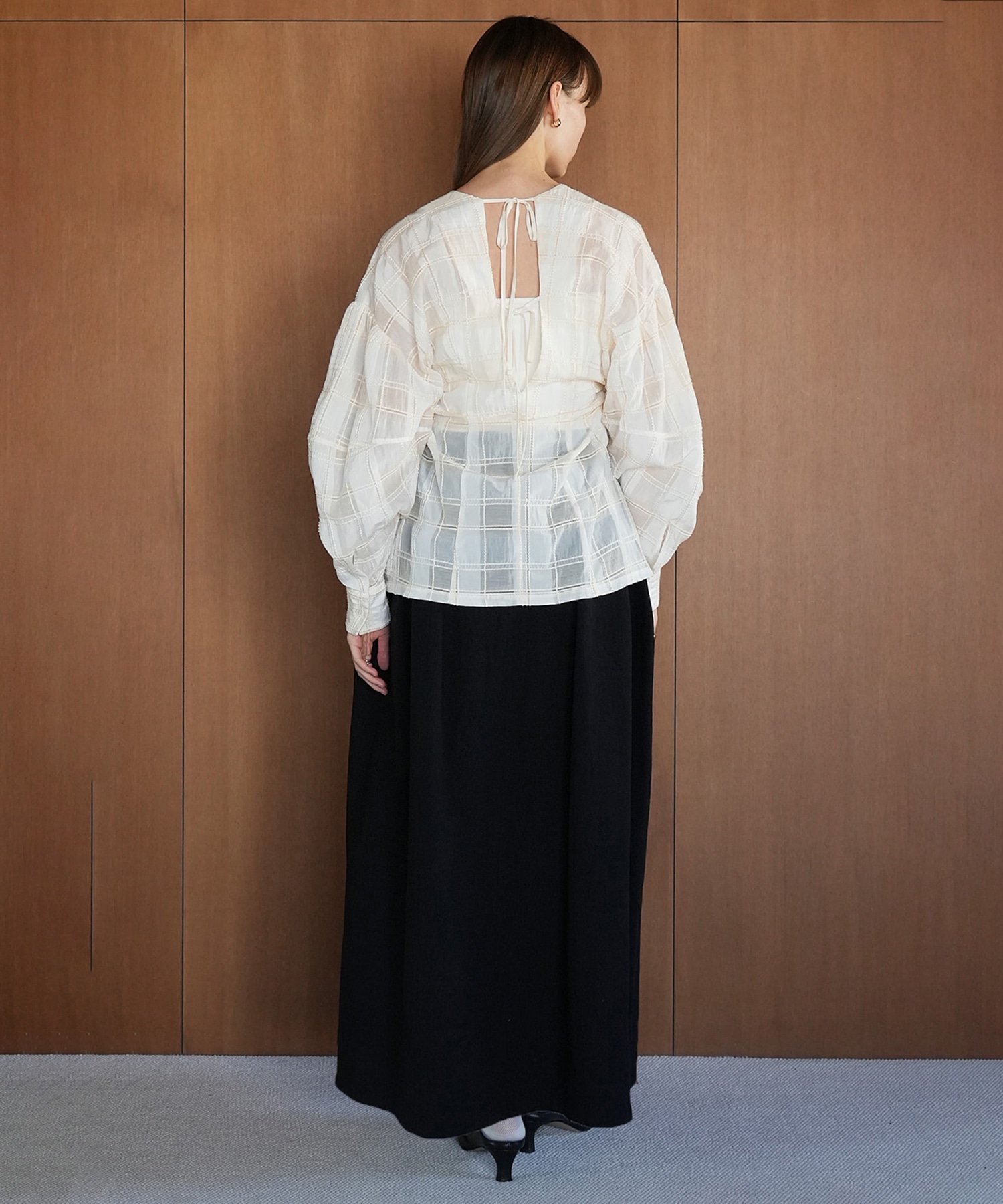 SHEER CHECK TUCK WAIST BLOUSE(1 IVORY): CLANE: WOMENS｜ STUDIOUS