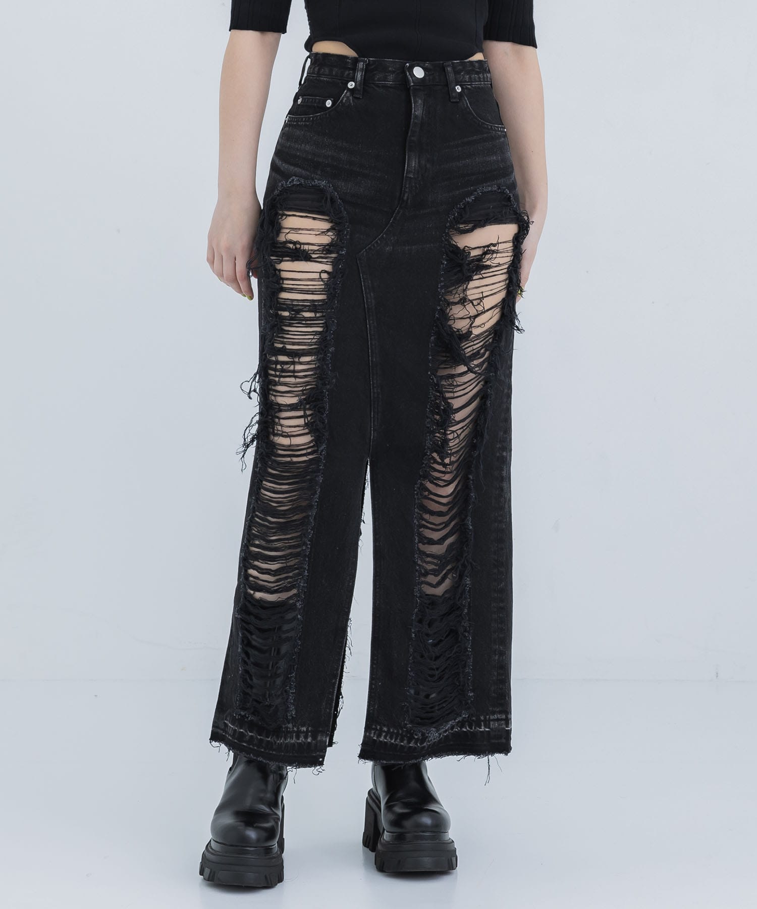 WASHED DENIM RIPPED LONG SKIRT(XS BLACK): JOHN LAWRENCE SULLIVAN