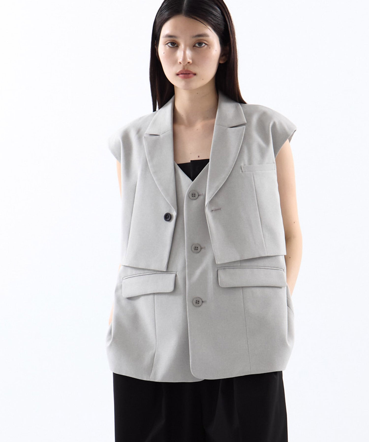 3WAY PIN TUCK LAYERED VEST(S LIGHT GREY): AMERI: WOMENS｜ STUDIOUS