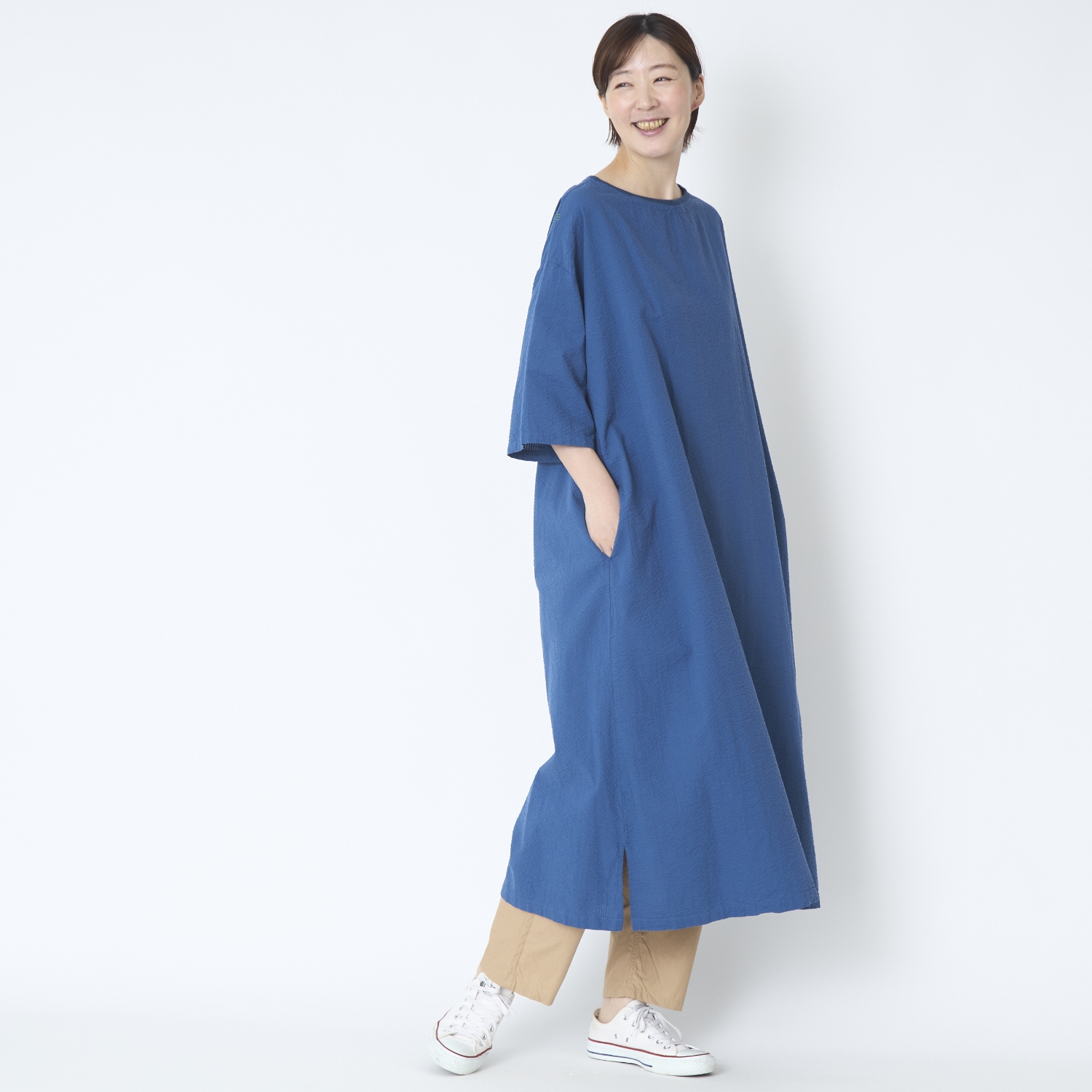 motone/7分袖ボートネックロングワンピース -綿100％サッカー生地で