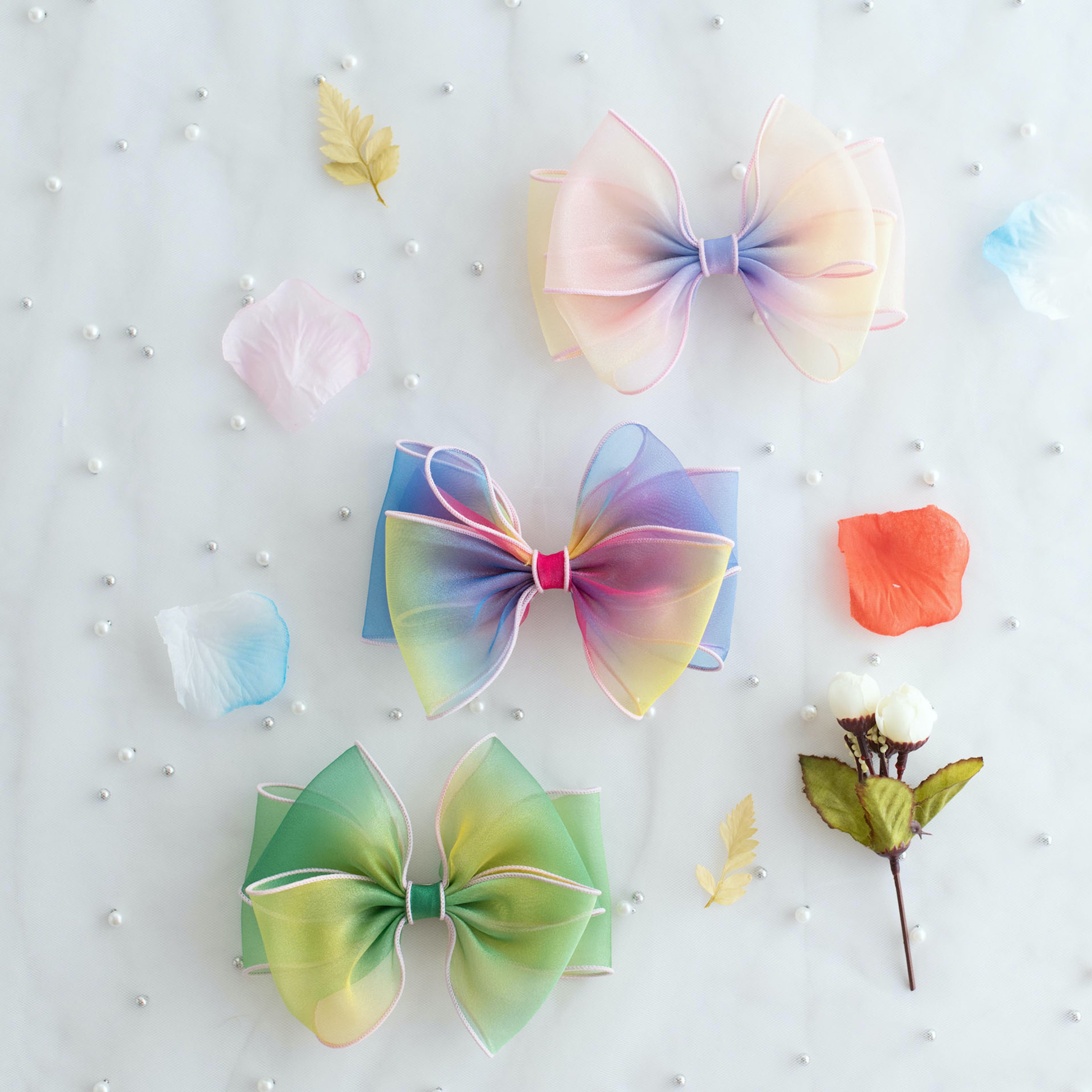 Summer Crystal - Organza Bow Hair Hair Clip with Long Flowing Ribbons