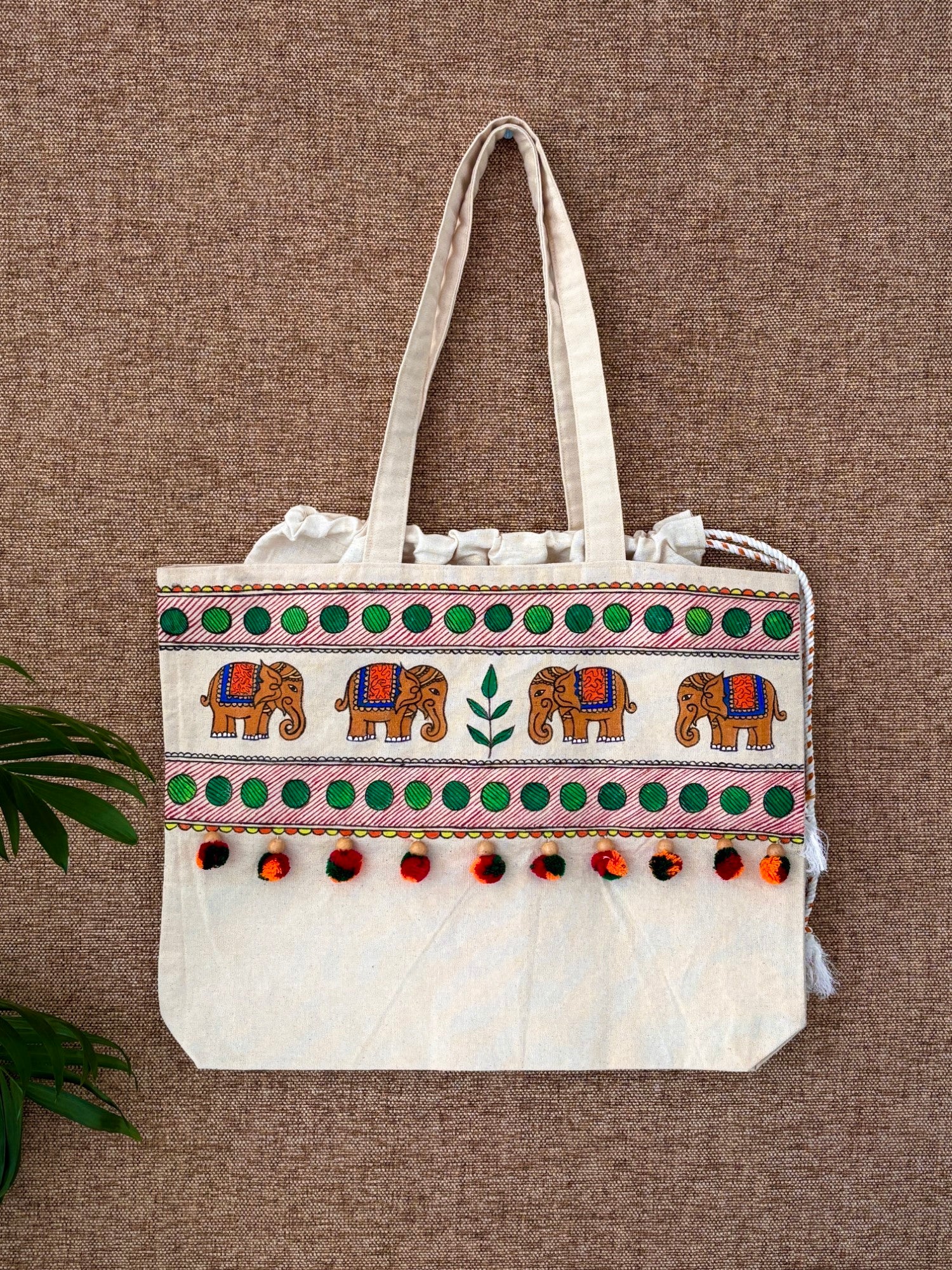 Vibrant Elephant Motif Hand-Painted Tote Bag – Sumaavi